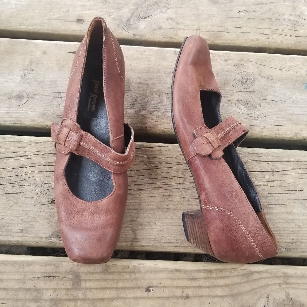 Vintage 90s y2k Paul Green Brown Nubuck Suede Leather Square Toe Mary Jane Heels